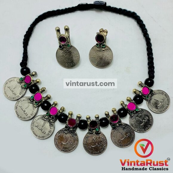 Vintage Coins Necklace With Earrings, Coins Jewelry Set With Glass Stones - Picture 9 of 11